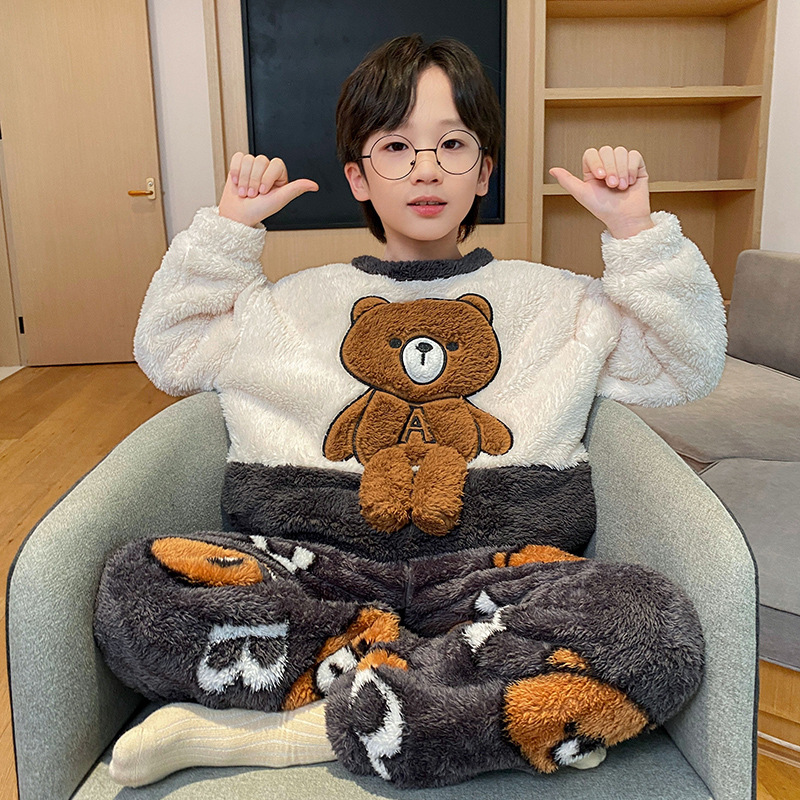 Picture of Autumn and Winter Plush Children's Pajamas Boy's Cute Cartoon Thickened Warm Coral Fleece Children's Home Clothes