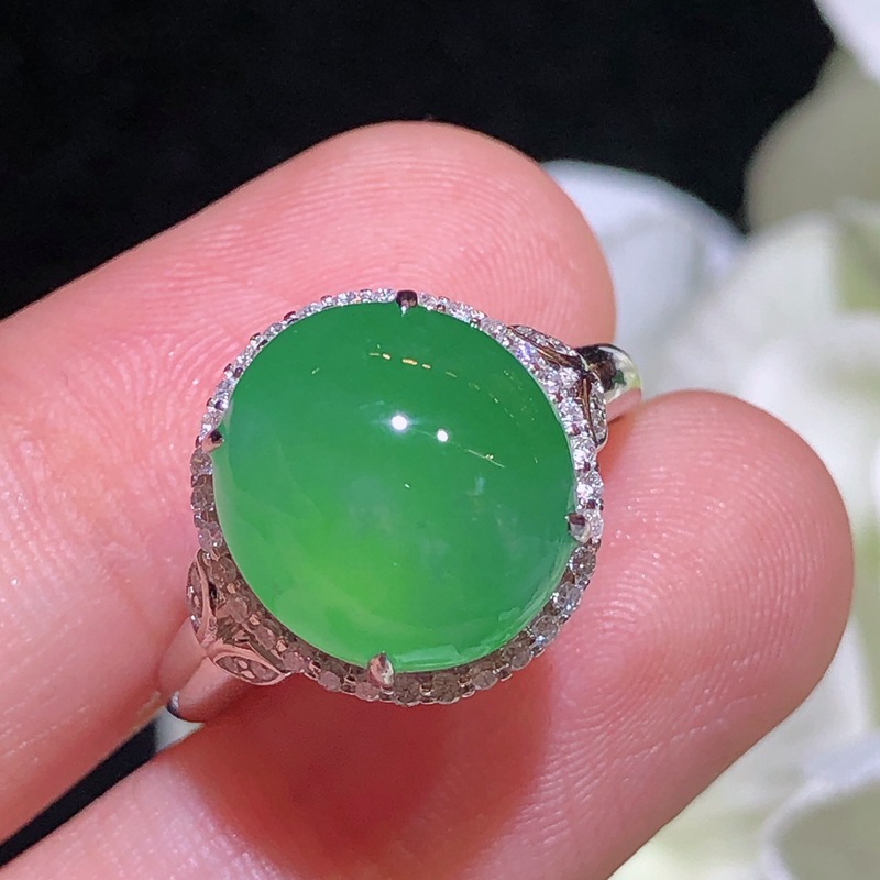 Picture of Factory wholesale 18k gold inlaid lake green egg ring jade jade women's ring with certificate