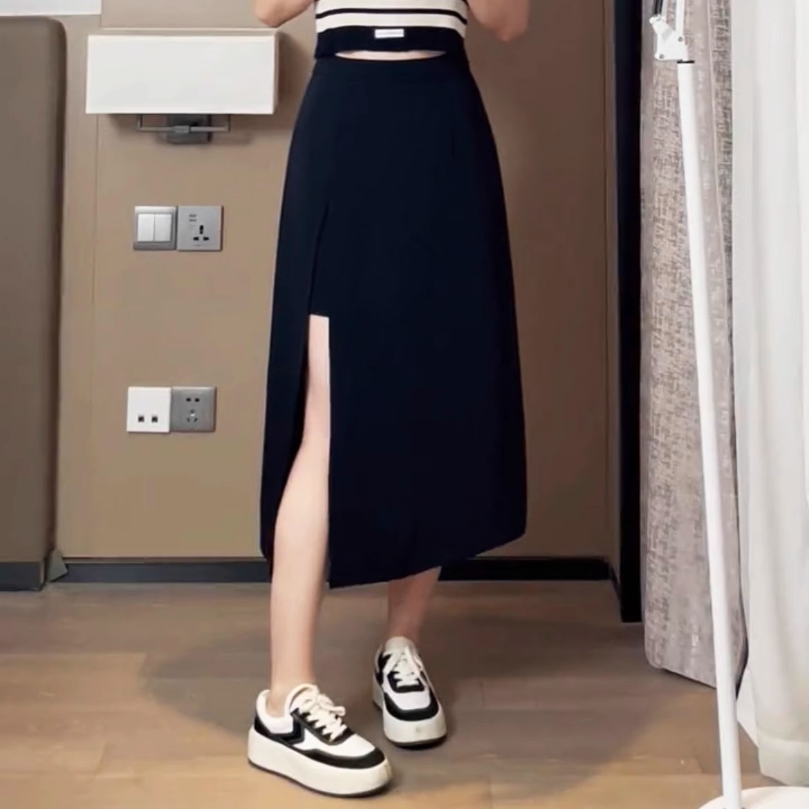 A- line High Waist Culottes Skirt Women's Summer Long Skirt New chubby girl Split Mid-Season Black Suit plus size Slimming