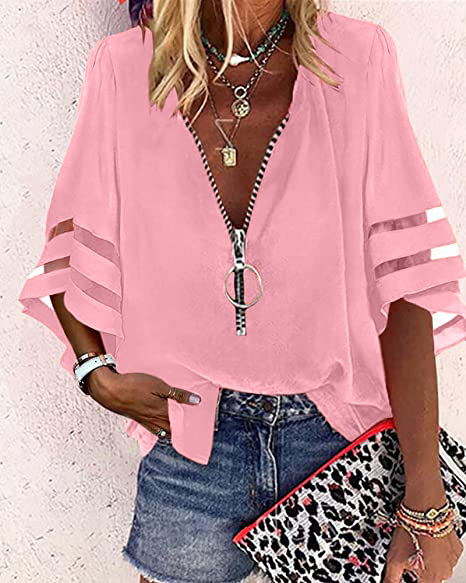 Picture of 2025 European and American Amazon New V-neck Zipper Shirt Half Horn Sleeve Mesh Stitching Loose Casual Shirt Women