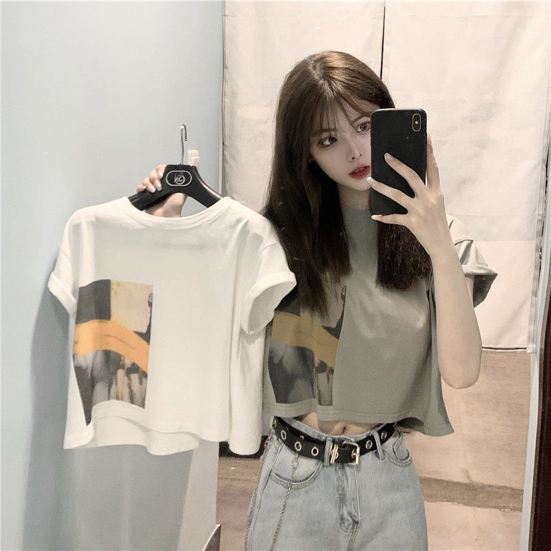Navel Slim-fit White T-shirt Women's Slimming Ins Trendy 2023 Summer New Cute Girl's Printed Top Short-sleeved Women's Clothing