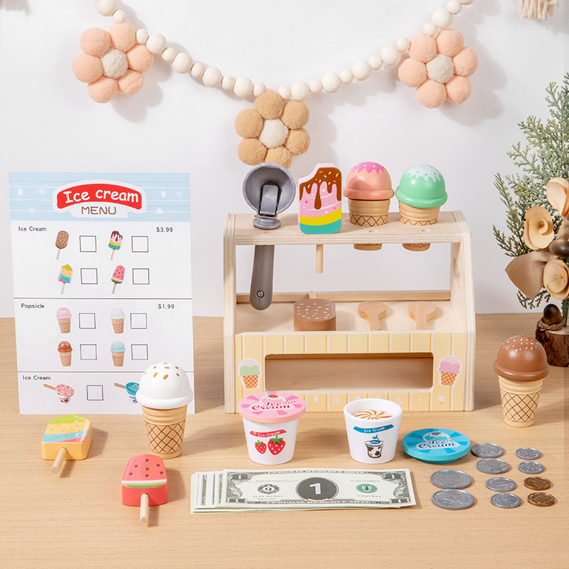 Picture of Wooden simulation play house ice cream ice cream shop selling kitchen kiosk kiosk Cash Register parent-child toys