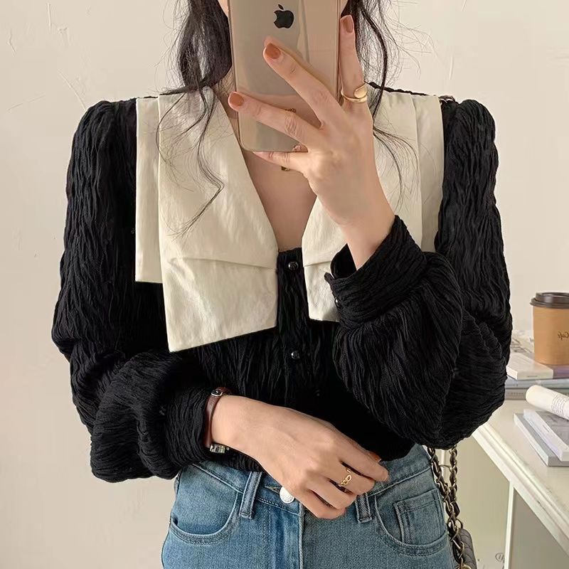 Design Sense Black Shirt Women's Long Sleeve Korean Style New 2024 Spring Dress Chic Collar Shirt Light Mature French Top
