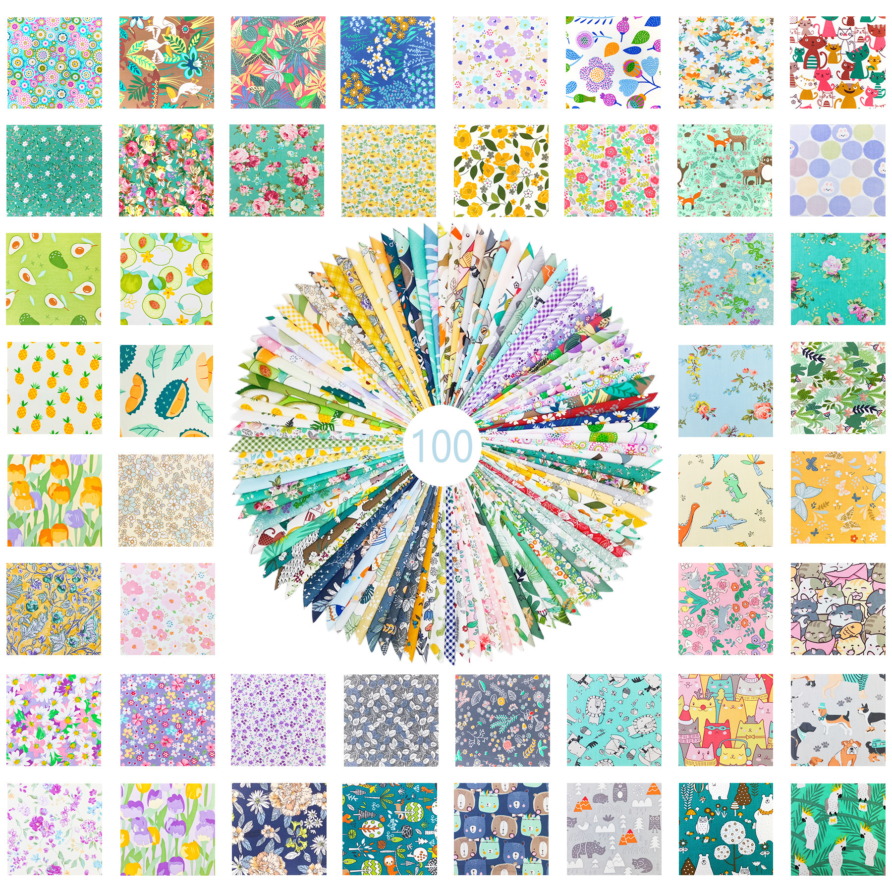 Cross-Border Multi-Color Twill Pure Cotton Fabric 100 Pieces Floral Pure Cotton Fabric Handmade DIY Patchwork Fabric Set
