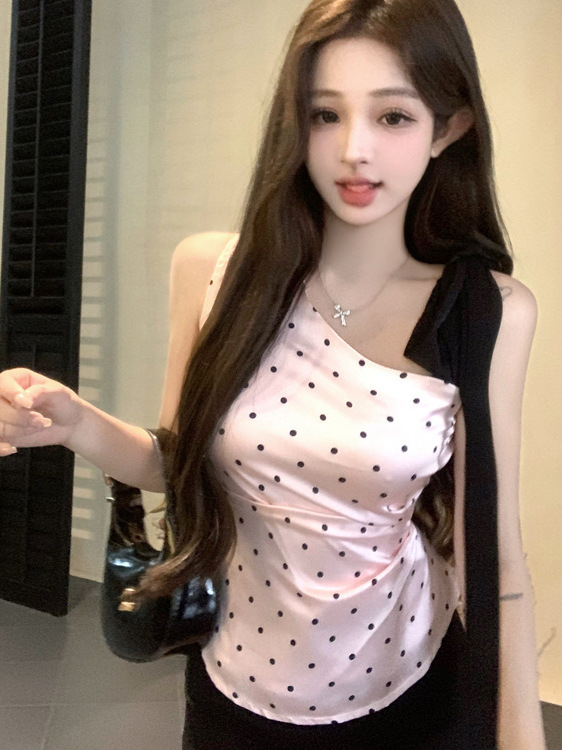 Beautiful Sweet Spice Girl Contrast Color Slim-fit Slim-fit Beautiful Back Camisole Summer Design Polar Dot All-match Sleeveless Top