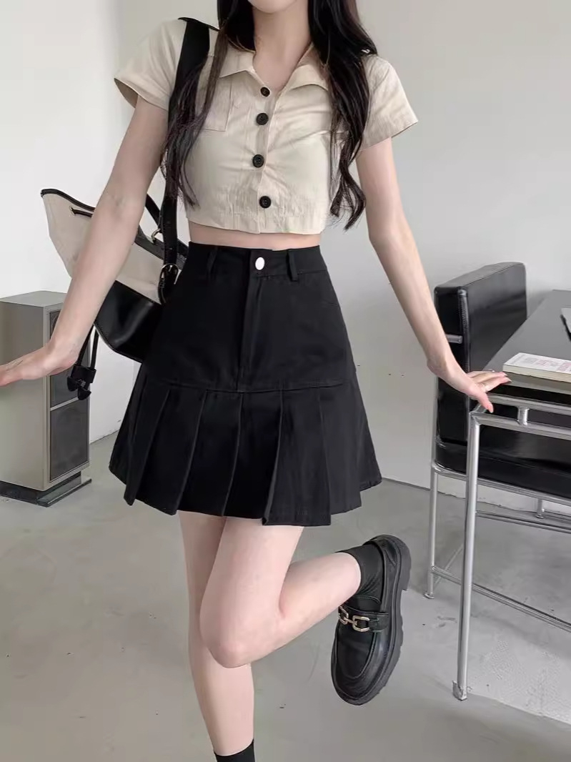 chubby girl Black Pleated Skirt Women's High-waisted 2024 Summer Skirt Anti-glare Slimming Flesh Covering A- line Hip Skirt