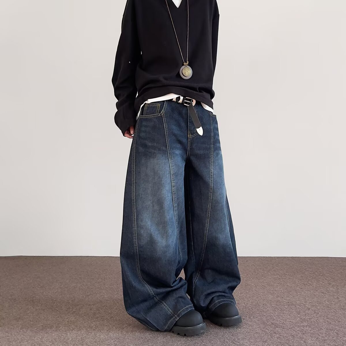 American Fashion Scimitar Silhouette Wide-Leg Jeans for Women 2024 Autumn and Winter Washed Blue Wide-Leg Pants Banana Pants