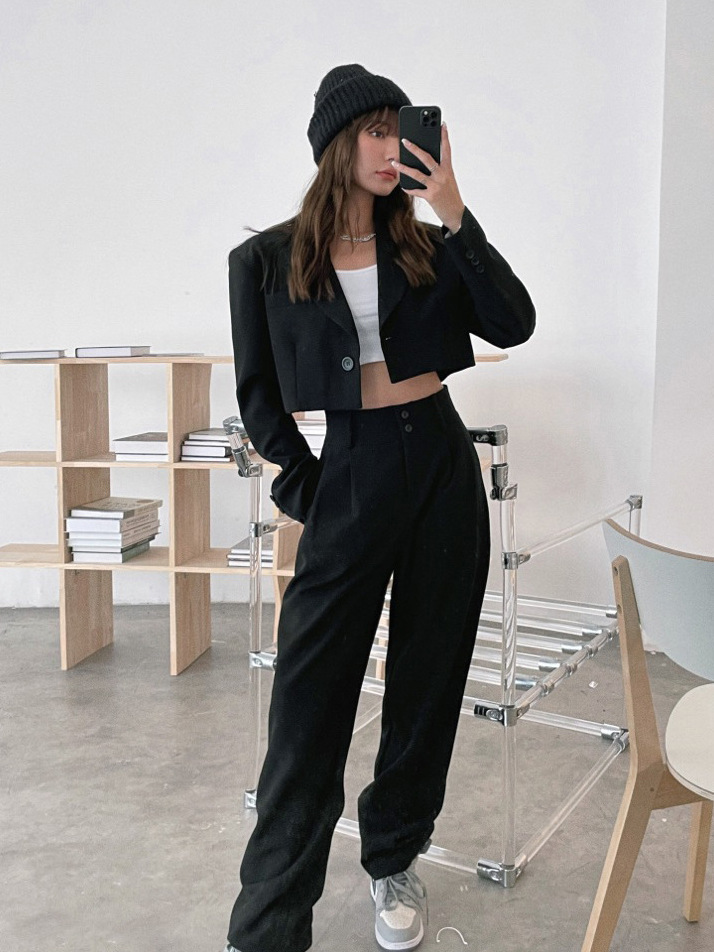 Cross-Border Suit Set European and American 2025 Autumn Short Blazer + Slimming High-Waisted Drape Pants for Women High-Waisted Slimming