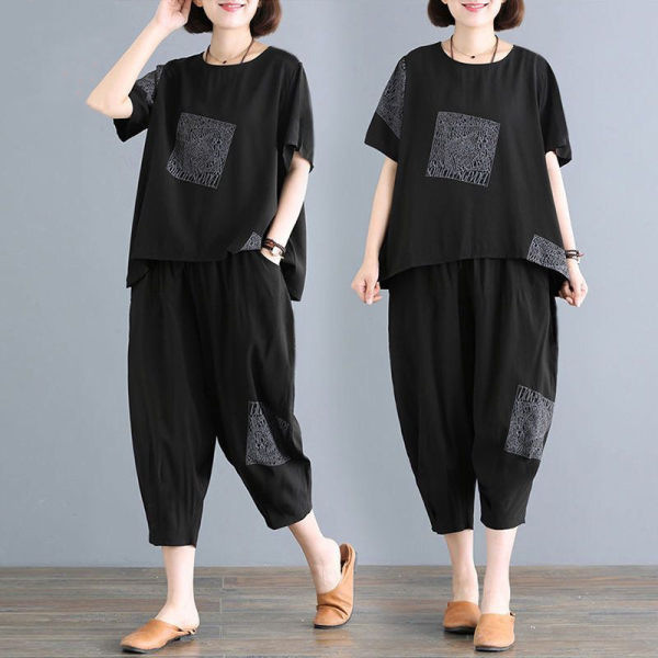 Large Size Summer 2023 New Printed Loose Casual Sports Suit Women's Flesh Covering Retro Slimming Western Style Two-piece Set