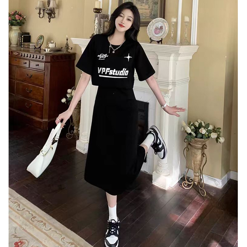 Picture of Plus Size Fat mm 2024 Summer Women's Skirt Small Fashion Casual Dress High Waist Slim Black A-Line Skirt