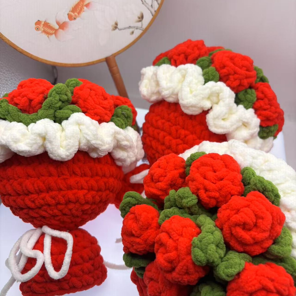 Picture of Hand-Knitted Ice Line Hand-Held Rose Bouquet Finished Product, Homemade Crochet Material as a Gift for Your Girlfriend on Goddess' Day