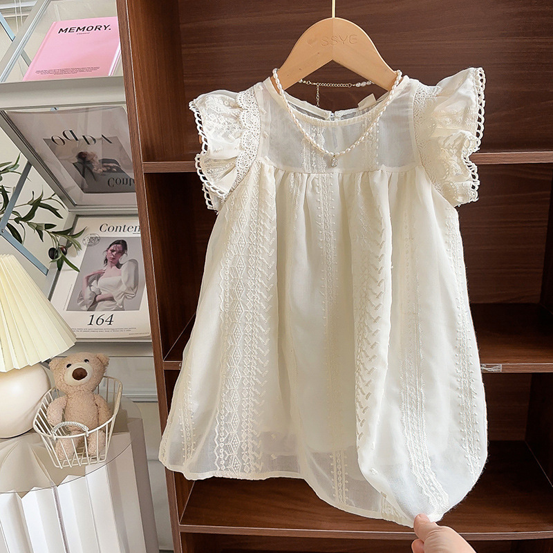 Picture of Small Flying Sleeve Shirt Girls 2025 Summer New French Retro Palace Style Lace Baby Doll Dress