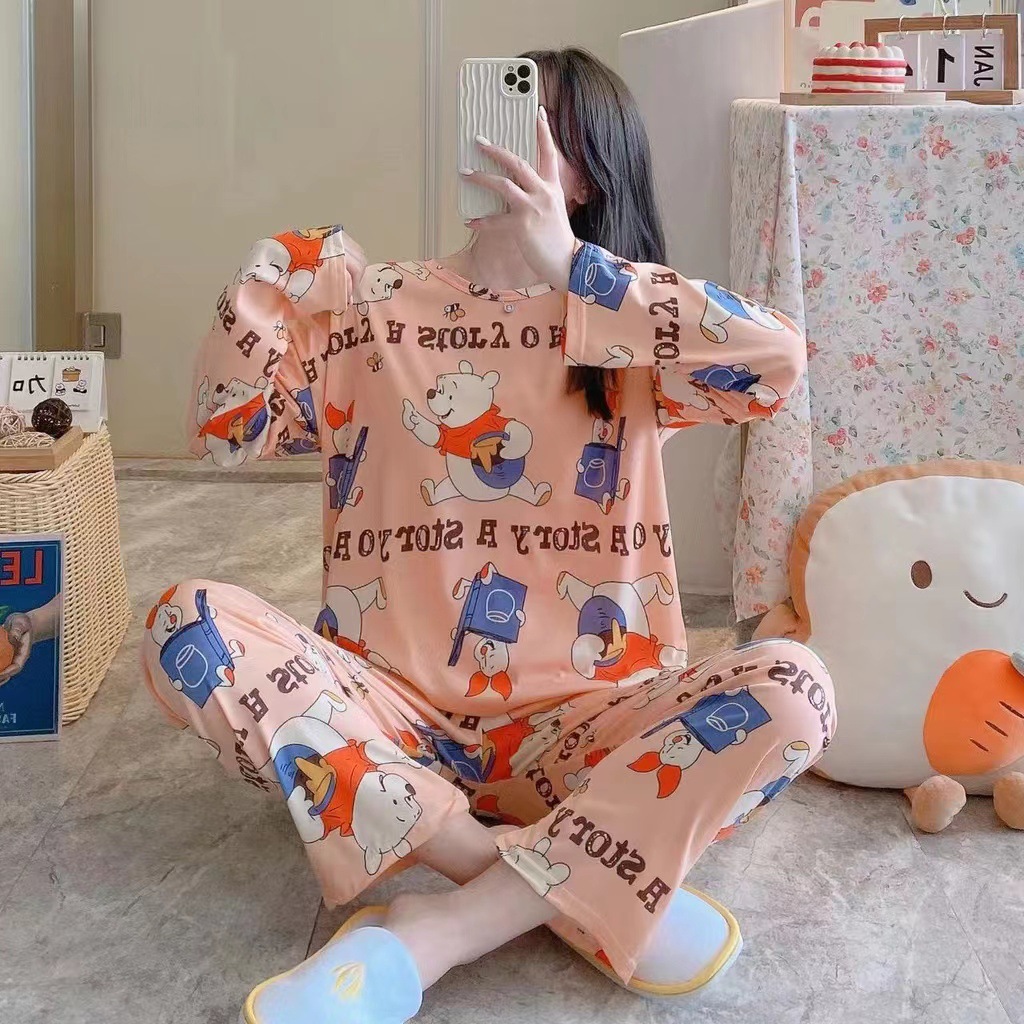 Pajamas Women's Long-sleeved Pants Summer Thin Sweet Cute Cartoon Pajamas Women's Summer Pajamas Home Clothes Set