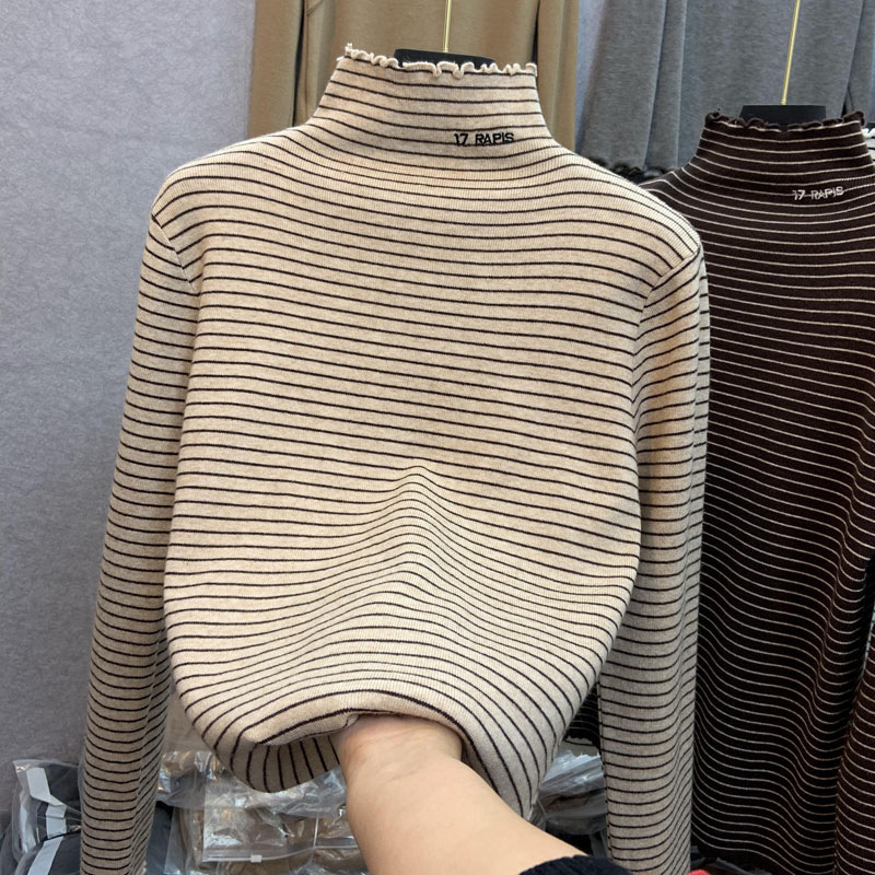 De Rong Half-High Collar Striped Long-Sleeve Inner T-Shirt for Women, 2025 Autumn and Winter New Style, Ruffled Edge Student Top, Base Layer Shirt