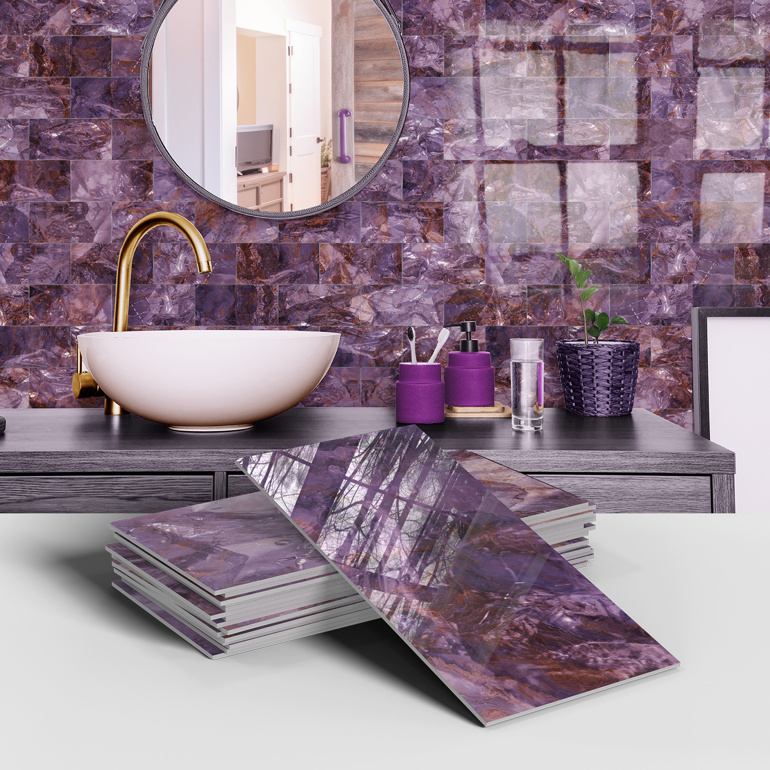 Picture of Crystal Marble Tile Wall Stickers Thickened PET Waterproof Self-adhesive Wallpaper for Kitchen Living Room Wall Decoration Cross Border