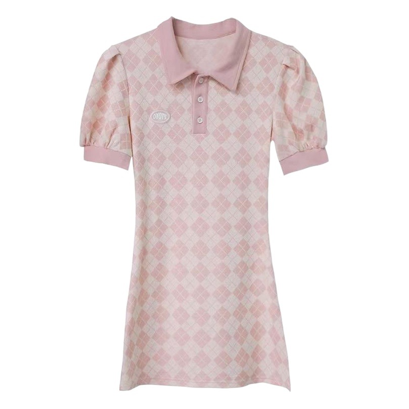 French First Love Vintage Gentle Skirt Sweet and Spicy Pink Rhomboid polo Slim-fit Slimming Knitted Dress for Petite