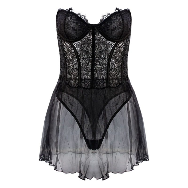 Sexy pajamas tube top dress one-piece triangle underwear mesh transparent lace sexy nightdress in stock