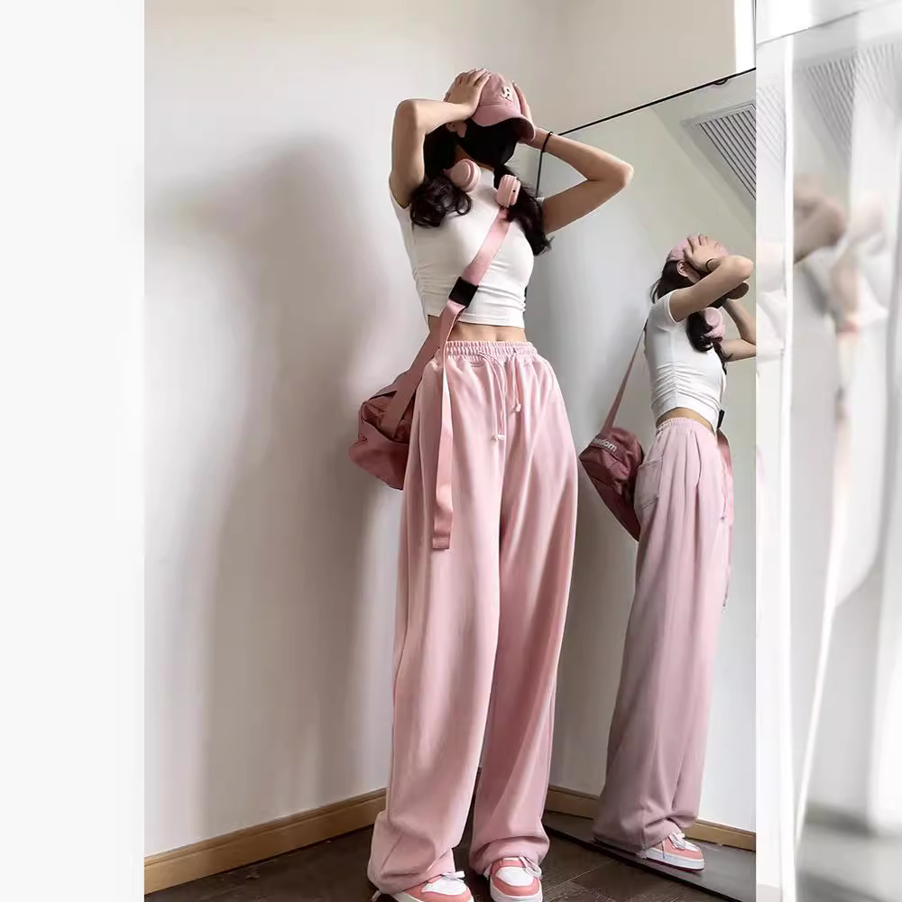 Pink Sweet and Spicy Sports Pants Women's Spring and Autumn American Style Street Fashion Loose Straight Casual Foot Sweatpants Ins Trendy