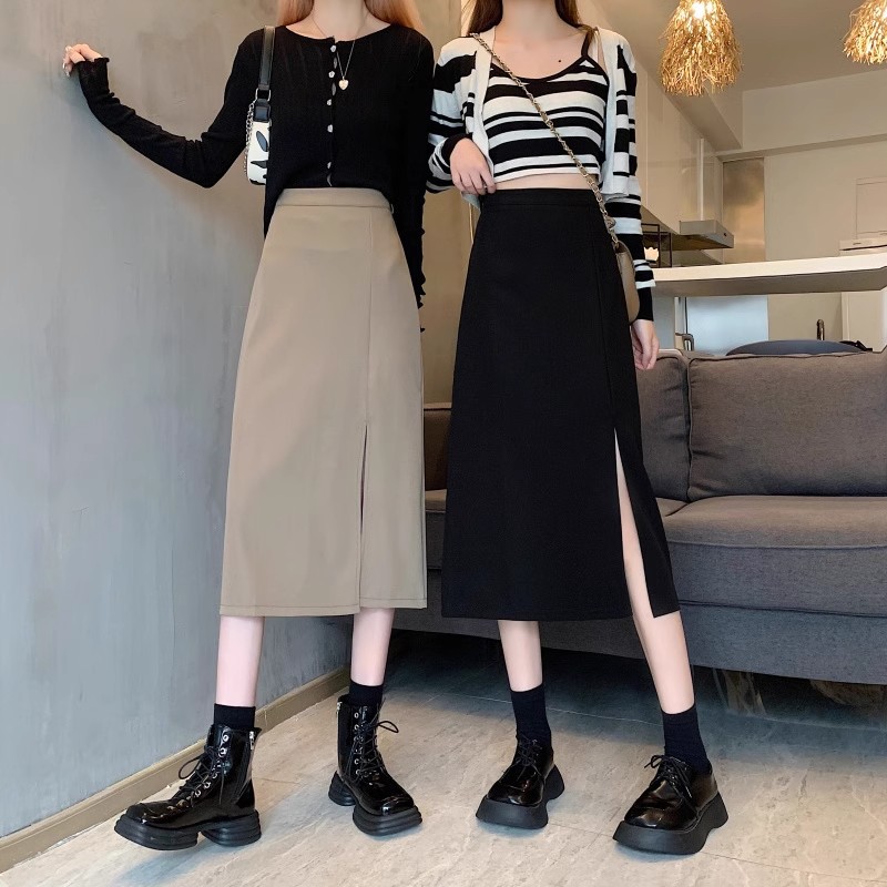 Black Skirt Women's Spring and Autumn 2024 New High Waist Split Long Skirt Suit Straight Long Hip A- Line Skirt