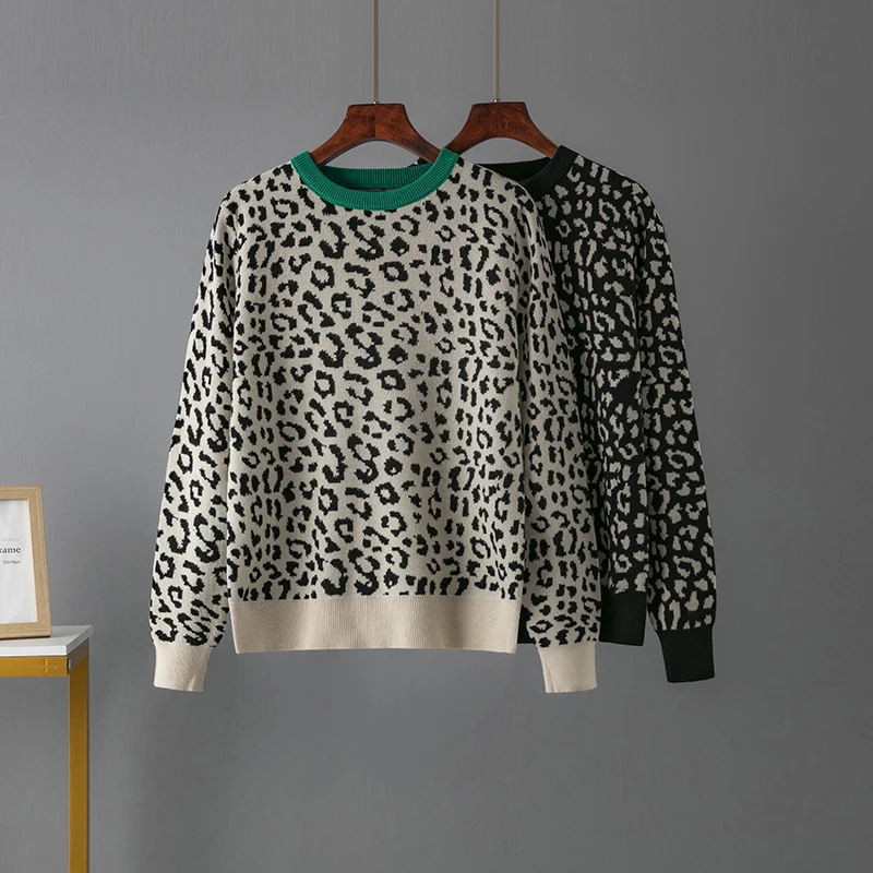 Cross-border European and American New Autumn and Winter Thick Pullover Leopard Double-layer Jacquard Contrast Color Loose Knitted Base-layer Sweater for Women