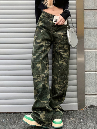 ATC08928# AliExpress Cross-border Foreign Trade European and American High Street Camouflage Caught Pants Women's Hip-hop Denim Straight Pants