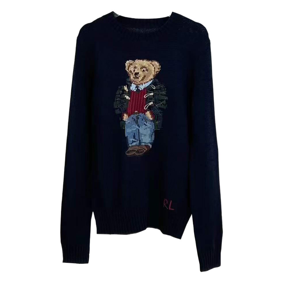 Navy Green Windbreaker Bear Sweater Hanging Wool Technology Combined with Exquisite Embroider, Rich American College Style