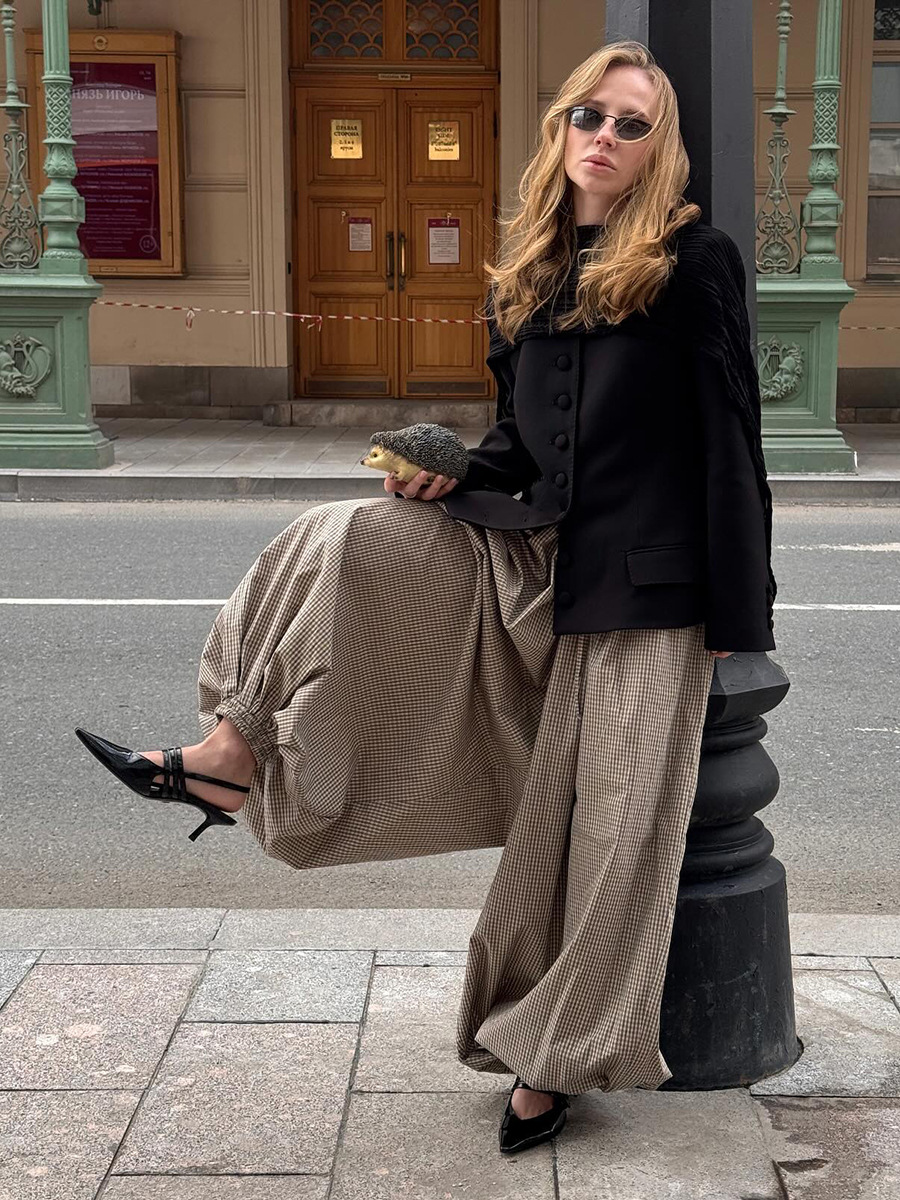 Cross-border retro brown lantern pants, European and American 2025 autumn new loose, lightweight, breathable plaid long pants, casual pants