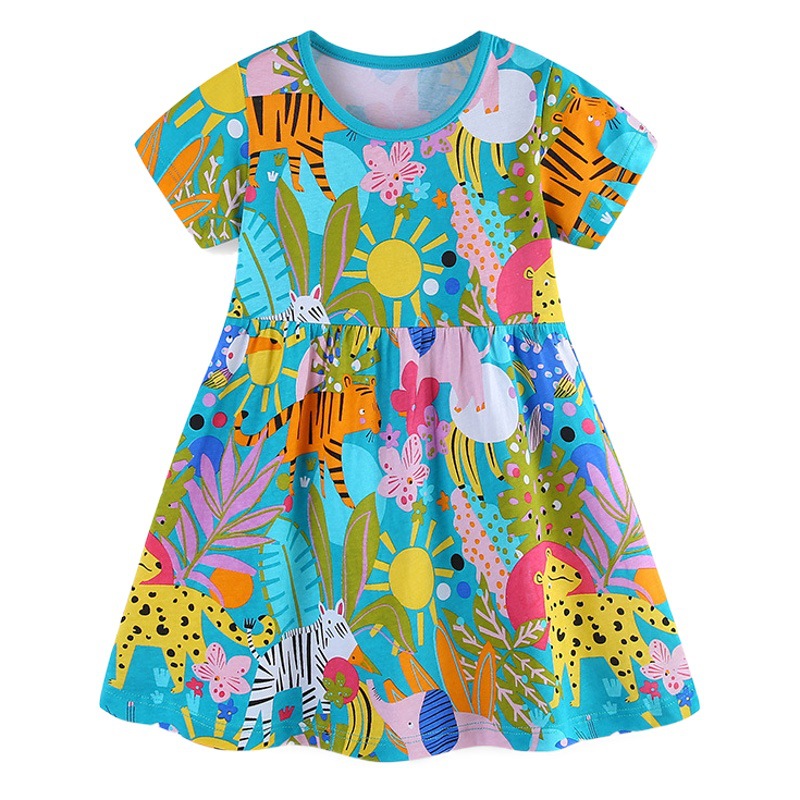 Summer New Girls' dress Cartoon Animal Print Princess Dress Crewneck Pullover Knitted Cotton Short Sleeve Children's Dress