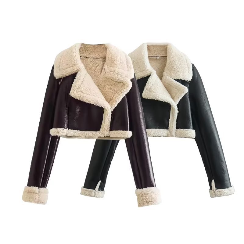 Picture of 2024 autumn and winter new European and American style double-sided loose short PU leather jacket zipper decoration fur one-piece leather jacket
