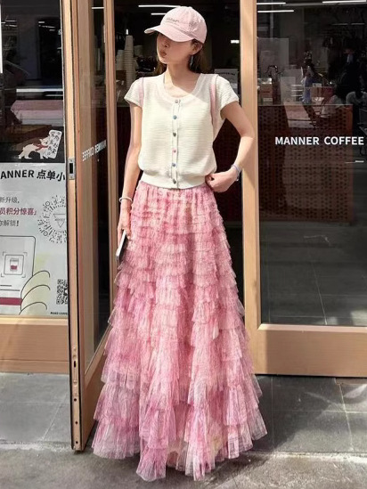 European and American Style Fashionable Mesh Gradient Printed Multi-Layer Cake Skirt High-End Draped Mid-Length Skirt A-Line Skirt