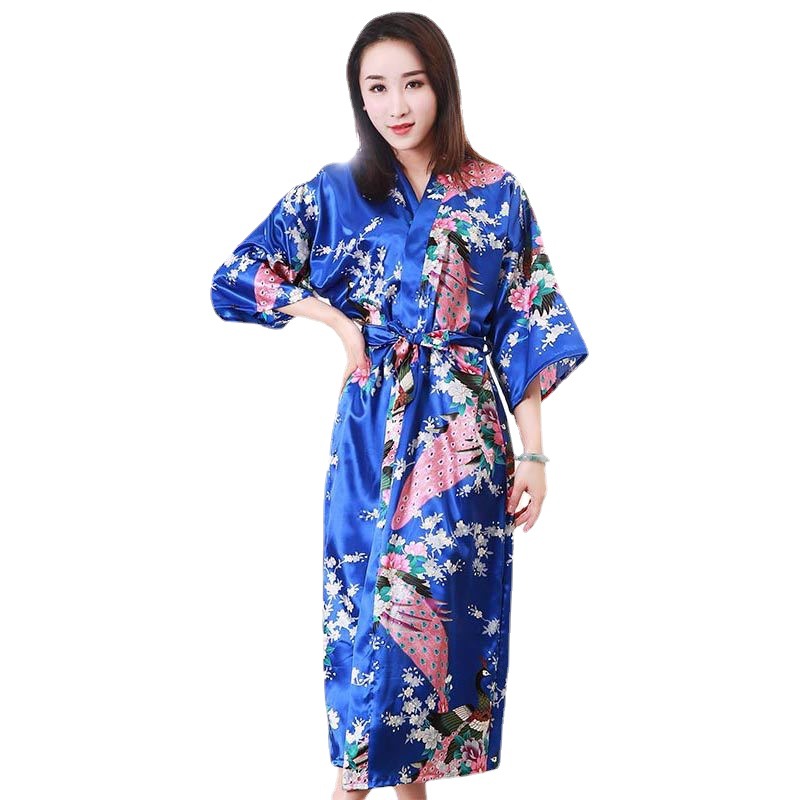 Picture of Women's Sexy Long Pajamas Summer Kimono Robe Thin Peacock Print Bathrobe Imitation Silk Kimono Nightgown Foreign Trade