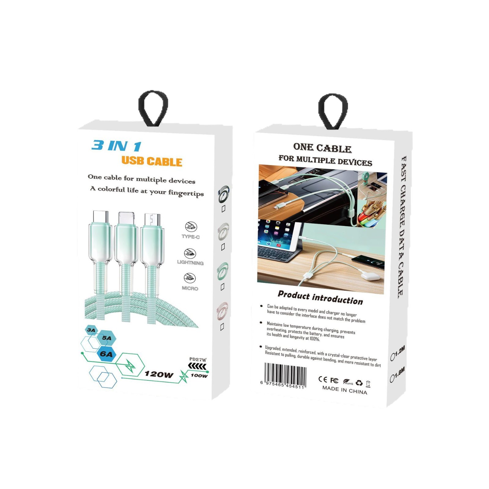 Picture of Ice Crystal Three-In-One Fast Charging Data Cable Neutral Packaging Box Ready for Sale