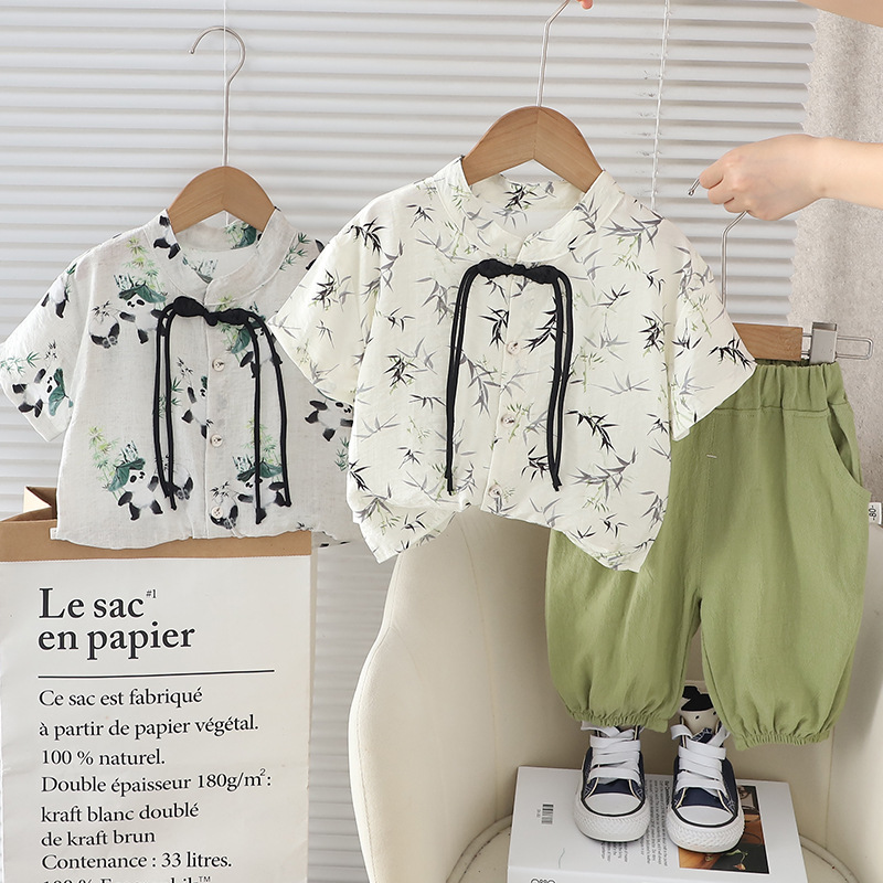 Foreign Trade Boy's Summer Dress suit Summer Outfit Baby's Fashionable Full Printed Button-Up Shirt Short-Sleeved Thin suit