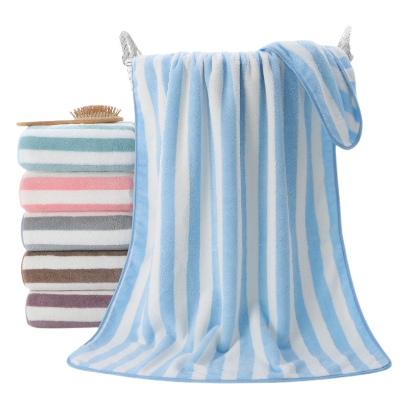 Striped Coral Velvet Bath Towel Household Thickened Soft Absorbent Quick-Drying Large Towel Swimming Towel Cross-Border Beach Towel Wholesale