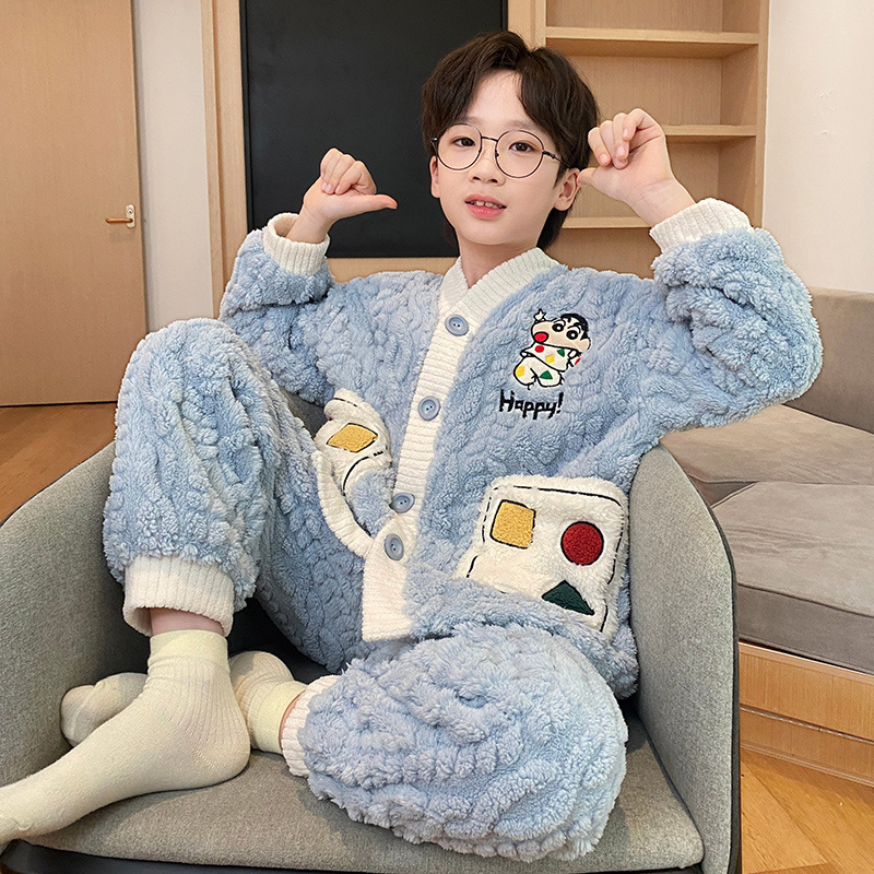 Picture of Children's coral fleece pajamas for boys autumn and winter 2024 new winter jacquard fleece home clothes for teenagers and little boys