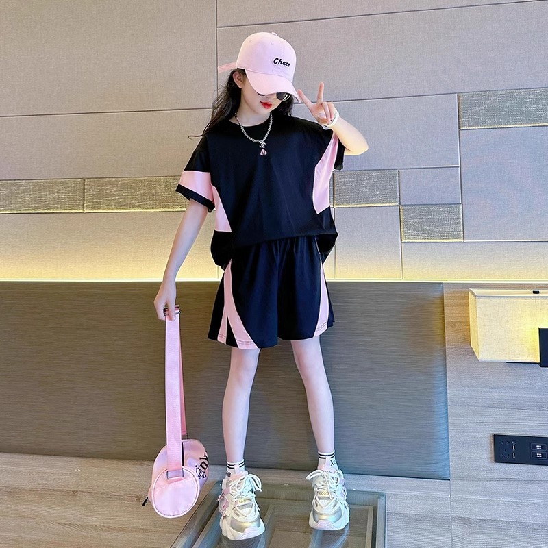 Pure Cotton Suit Girls Sports Suit Summer New Style Big Children Student Short-Sleeved Shorts Summer Two-Piece Set