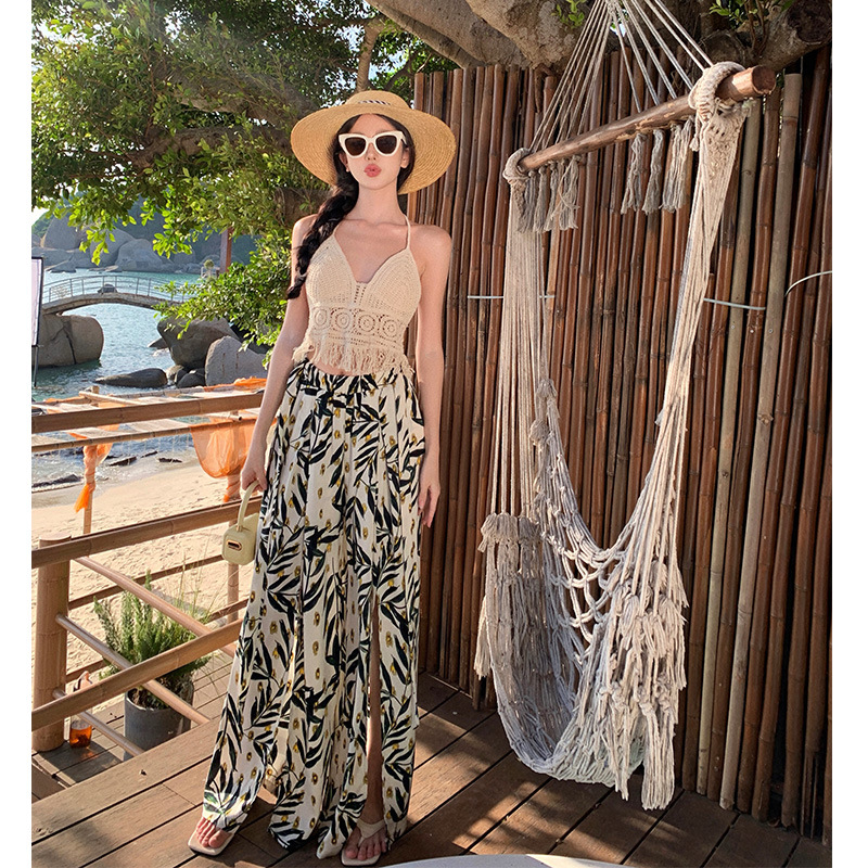 Picture of Bohemian beach culottes women's summer seaside wear thin split wide-leg pants floral draping mop pants trousers