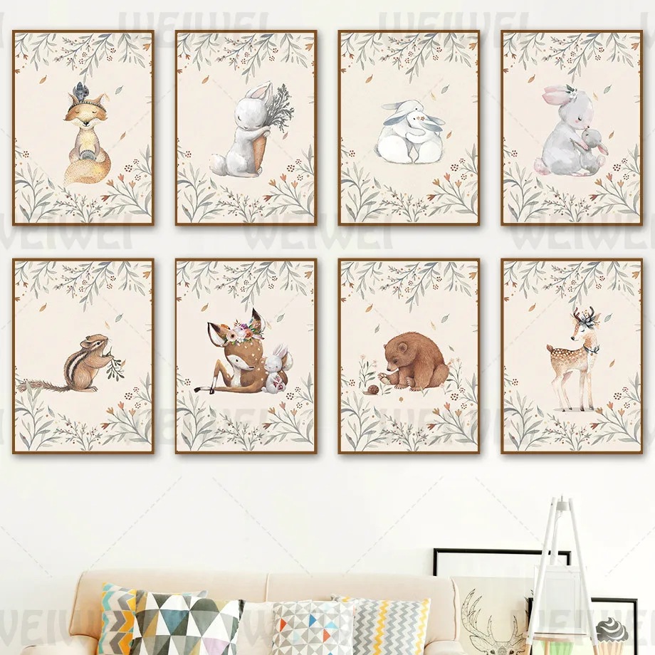 Cross-border hot cartoon cute animal poster rabbit bear deer children's room kindergarten decorative painting