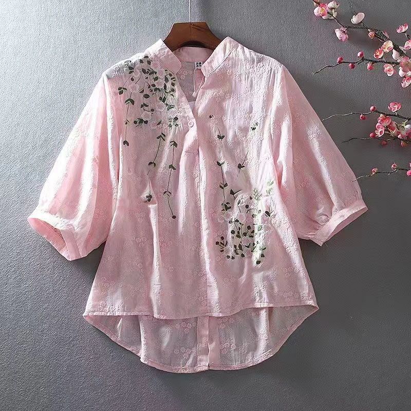 Picture of Fashion Literary Style Pastoral Style Embroidery Flower Lace Cotton Design Sense Front Short Back Long V-neck Shirt Women's Top for Summer