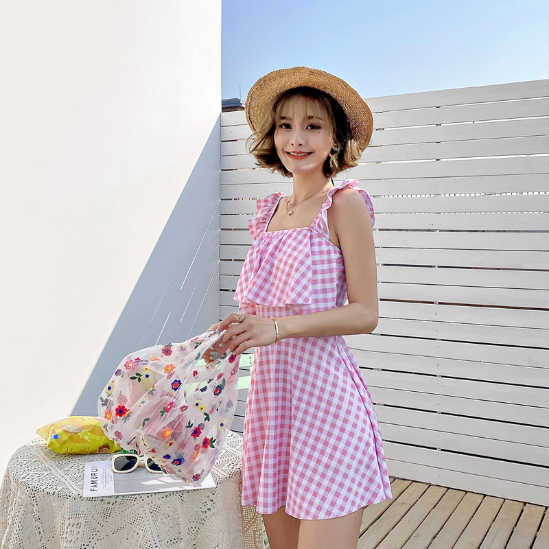 Swimwear Women's New Style One-piece Skirt Style Conservative Slim Belly-covering Small Fresh Meat-covering Plaid Swimwear Boxers