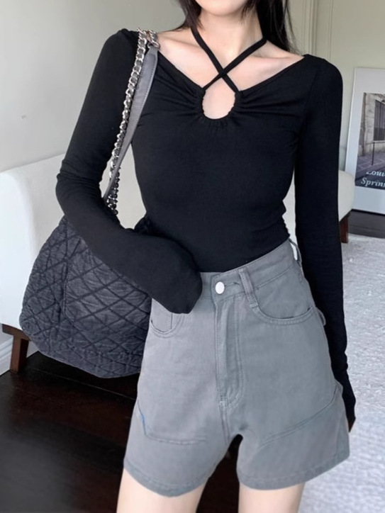 Cross-border black neck V-neck long sleeve T-shirt women's spring and autumn new pure sexy slim short base shirt top