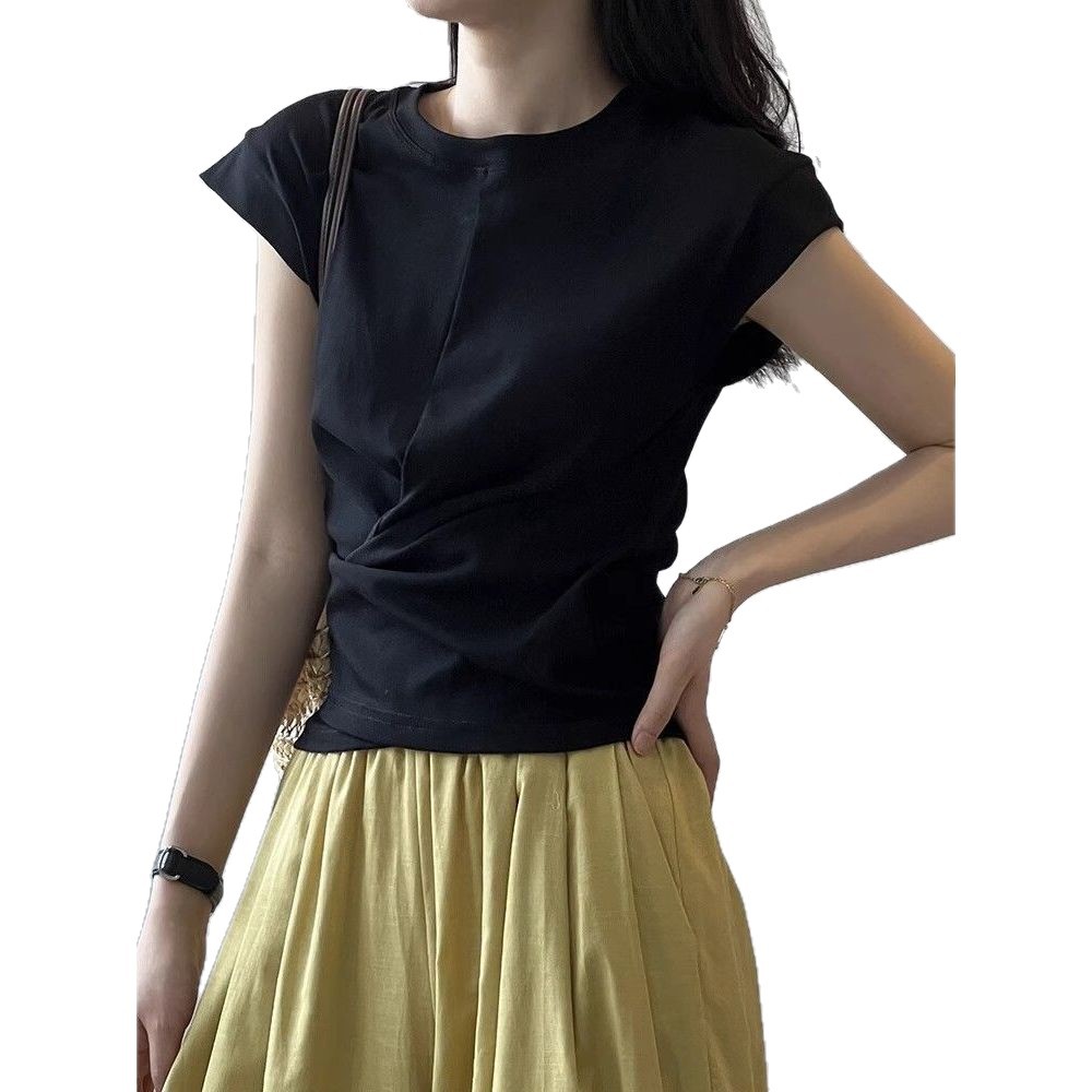 Picture of Designed Cross-Waist Asymmetrical Small Flying Sleeve T-Shirt for Women Summer New Pleated Slim Short Modal Top