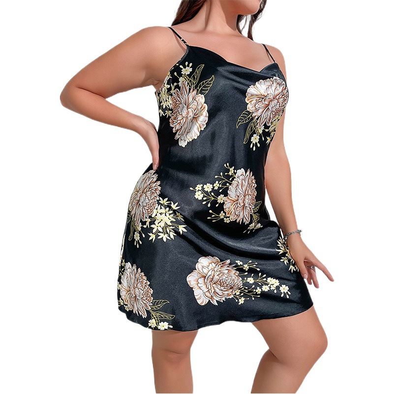 Summer fashion sexy printed plus size ice silk pajamas loose casual home wear artificial silk silk nightdress suit