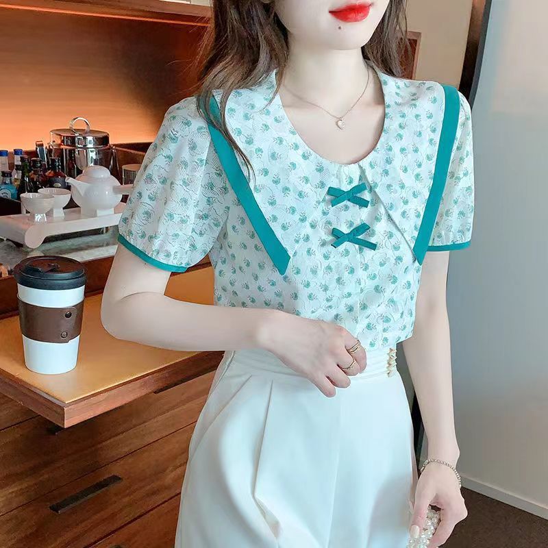 Picture of Chiffon Blouse for Women, Spring and Autumn 2023, Doll Collar, Thin Mesh Top, Stylish and Versatile, Floral Pattern, Fashionable and Elegant