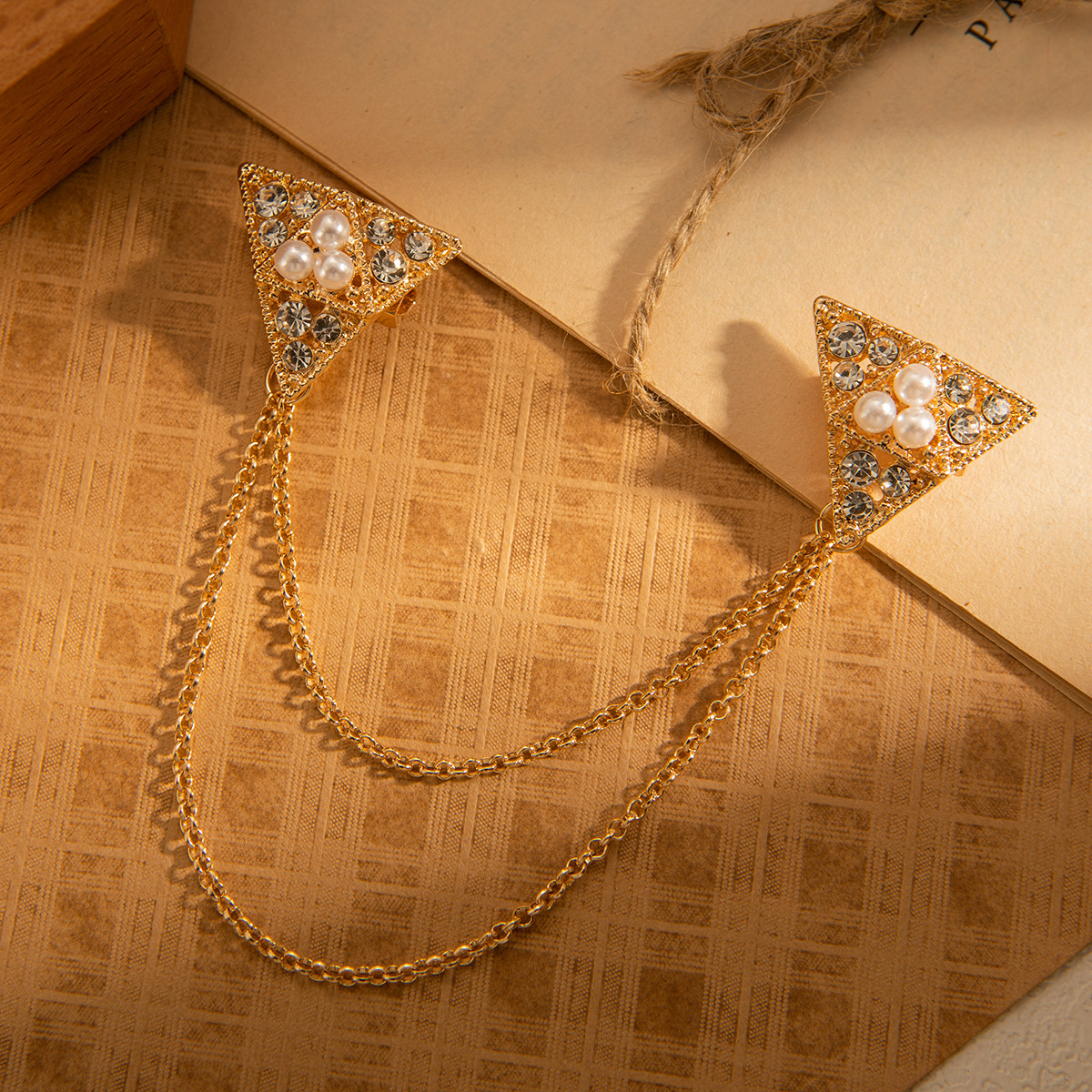 Picture of Diamond-encrusted triangle pearl brooch men's suit corsage badge tassel multi-layer chain collar pin badge pin clothing