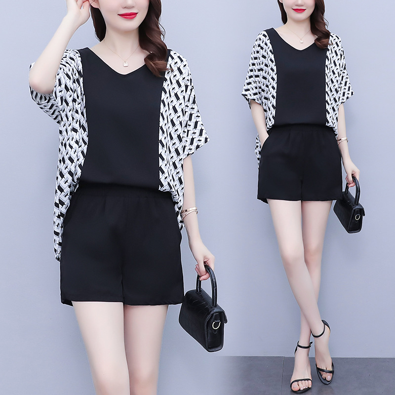 Fashion plus size women's short sleeve suit 2023 Summer loose Western style age-reducing fat sister slimming temperament two