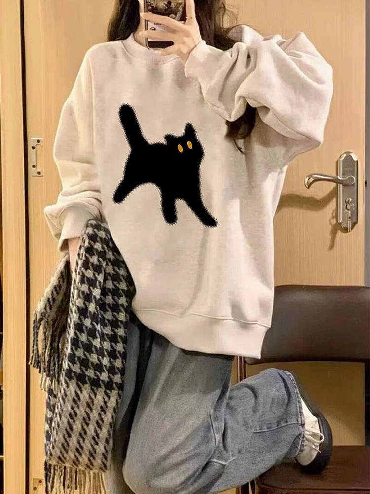 Picture of American Retro Oversize Round Neck Sweatshirt for Women 2025 New Spring and Autum Gray Velvet Early Autum Outwear Top