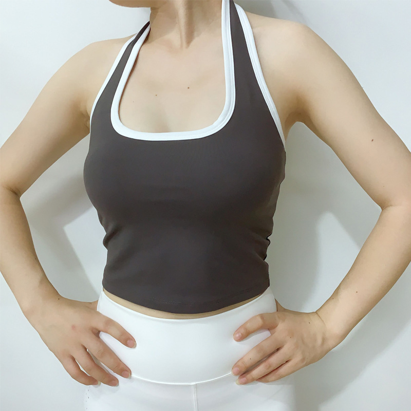 Yoga Vest Women's Color-matching Neck Beauty Back Sports Fitness Top with Chest Pad Push-up Quick-drying High Waist Training Sling