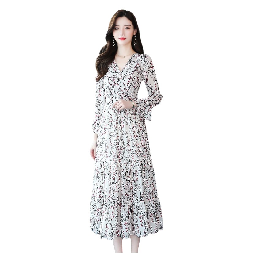 Floral chiffon dress women's 2023 mid-length spring new v-neck long sleeve waist slimming elegant dress