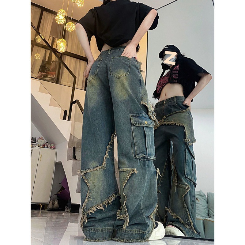 2023 American Style Retro Stitching Design Sense Jeans Women's Summer Old-fashioned Rapped Loose Straight Pants Trendy Pants